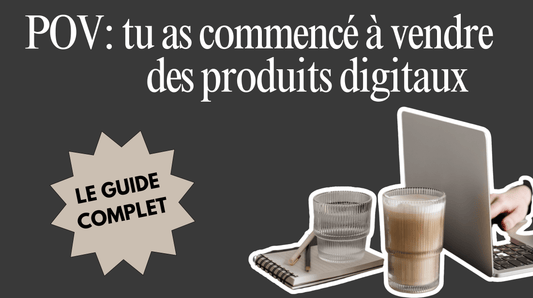 Illustration représentant la vente de produits digitaux en ligne, incluant des e-books PLR/MRR, des planners et des templates Instagram. Idéal pour accompagner un guide complet sur Shopify et le marketing digital.
