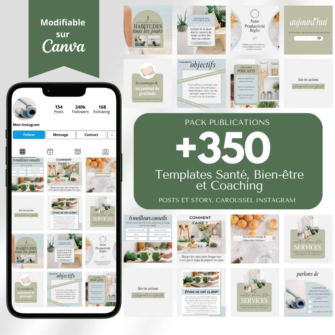 350 Templates Canva pour Instagram – Spécial Santé, Bien-être et Coaching