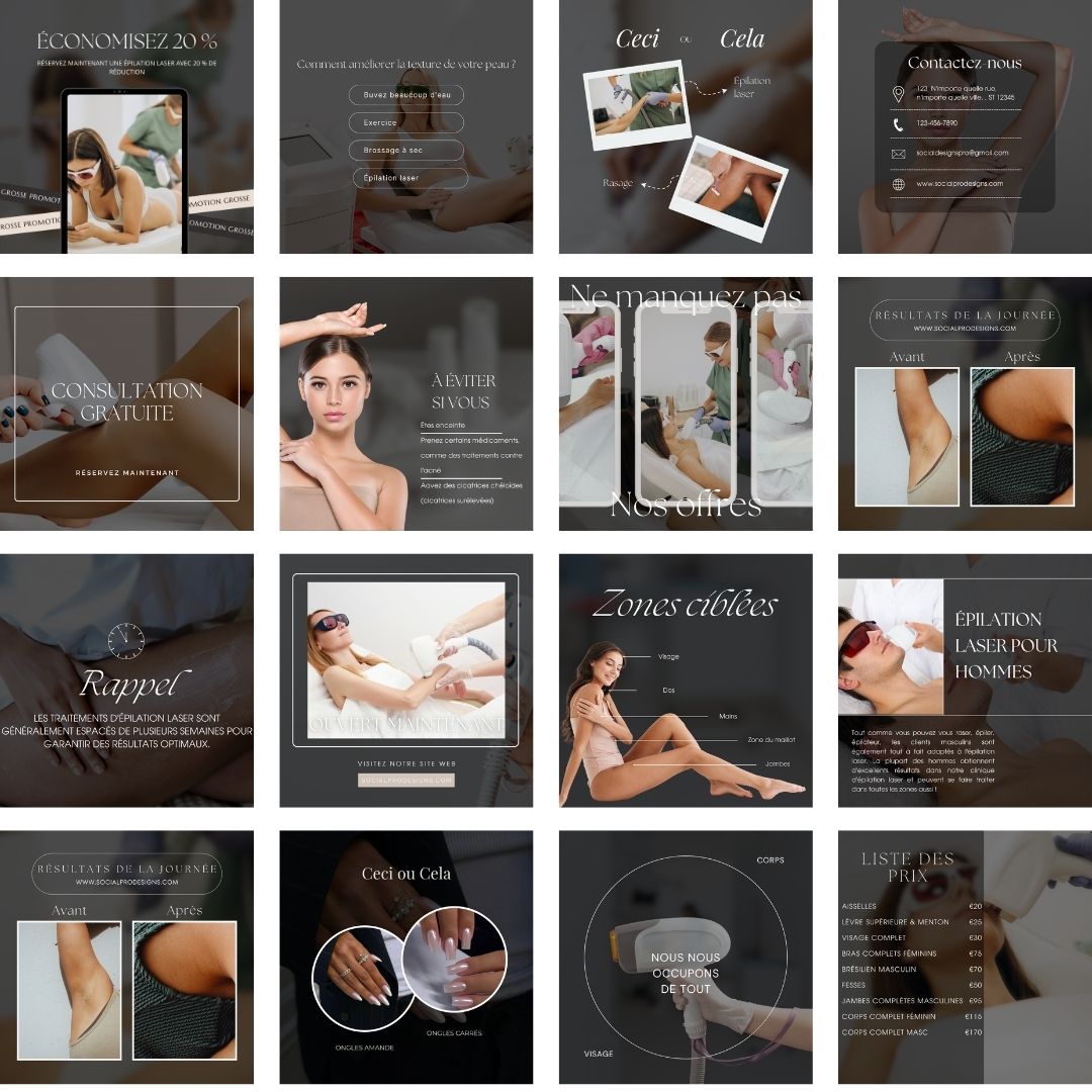 Pack de Templates Instagram Spécial Épilation Laser | Centres Esthétiques | Spas